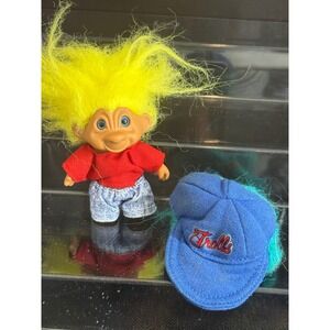 Vintage Russ Berrie Troll Doll Neon Yellow Hair Red Shirt Denim Shorts with Hat